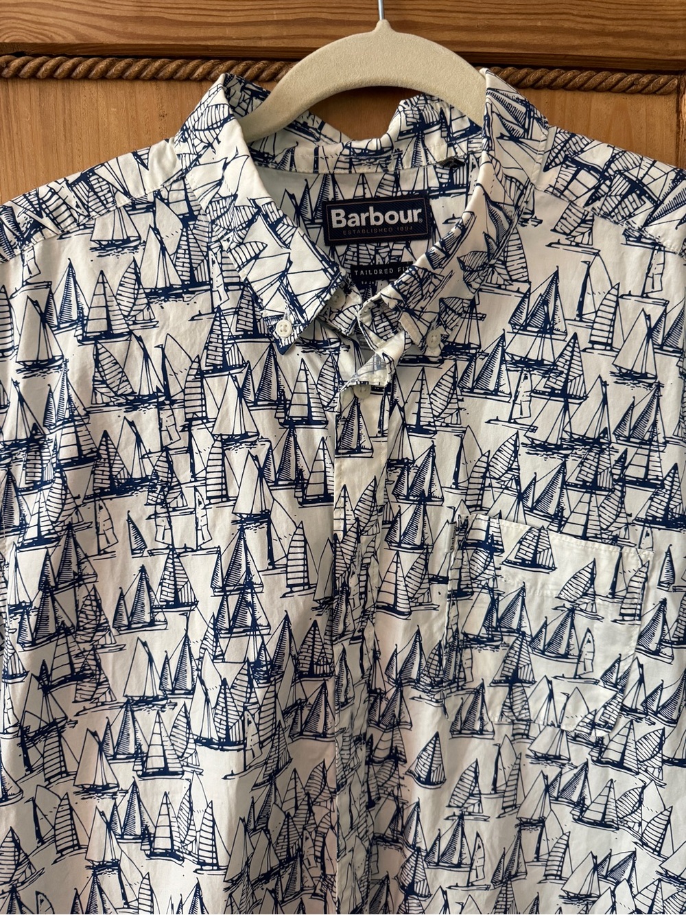 Barbour White Shirt with Navy Sailboat Sketch Print